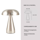Luminária Abajur de Mesa Cogumelo Portátil Metálico LED, Sem Fio, Quarto Restaurante, Recarregável USB, Touch com Dimmer